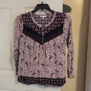 DR2 Med Cottagecore Boho Paisley lace Print long sleeve Women's Blouse